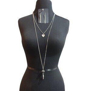 Silver-Tone Layered Necklace & Earring Set With Heart Pendant & Tassel Details